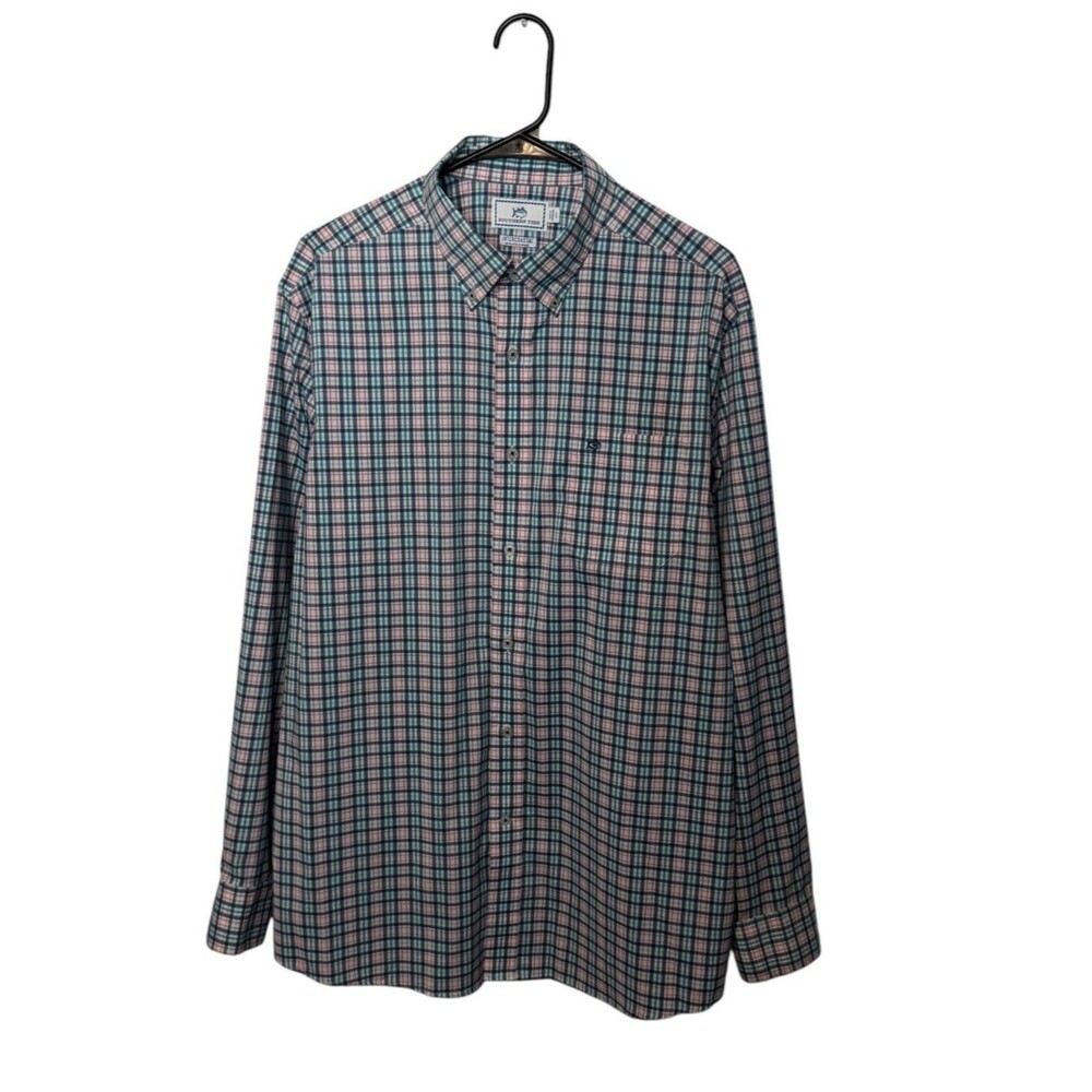 Southern Tide Shirt Mens Large Teal Pink Plaid Intercoastal Performance Stretch